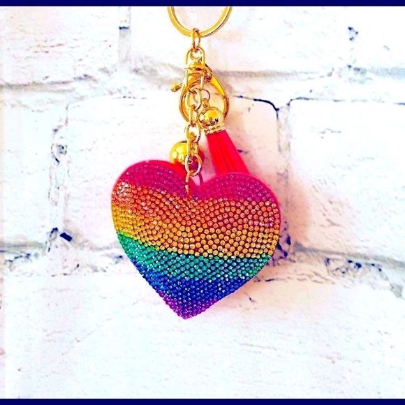HP 🥰 Rhinestone Rainbow Heart Puffy Tassel Keychain Purse Charm - Picture 2 of 3